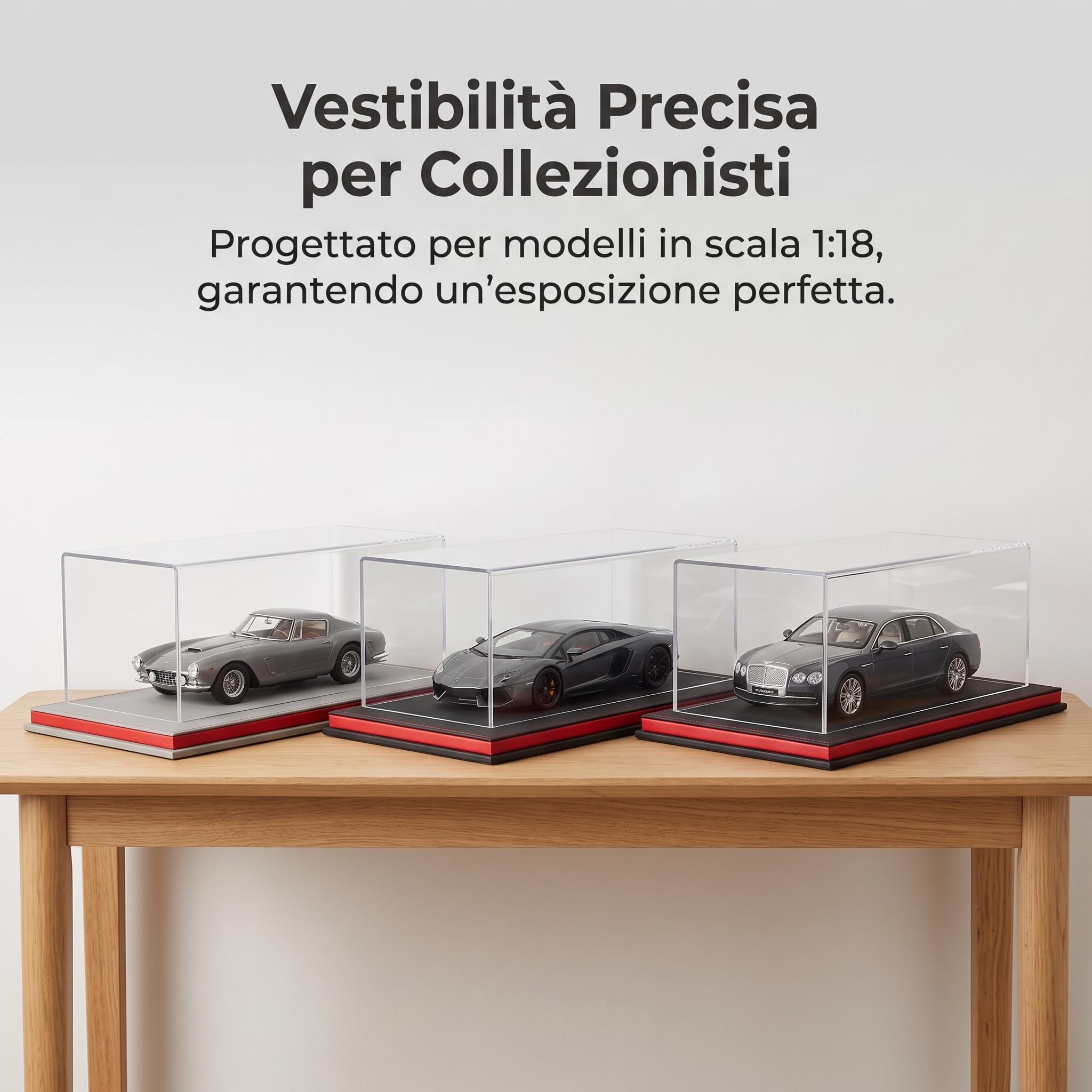 Vitrina expositora metacrilato Transparente para Coches 1:18, protección Antipolvo y Estilo japonés, para Escritorio , Negro y Rojo (Gamuza) , Base de Gamuza Negra y roja