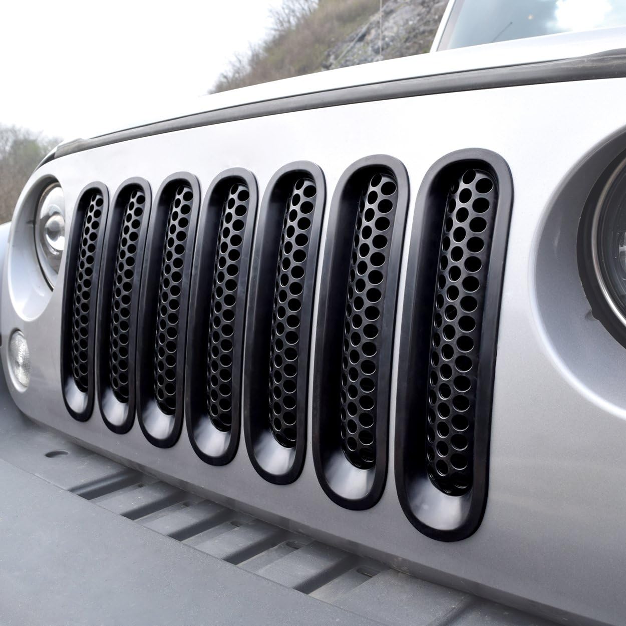 [Upgrade Clip in Version] ICARS Matte Black Mesh Grille Insert Grille Guard for 2007-2015 Jeep Wrangler JK JKU Unlimited Rubicon Sahara - 7PCS