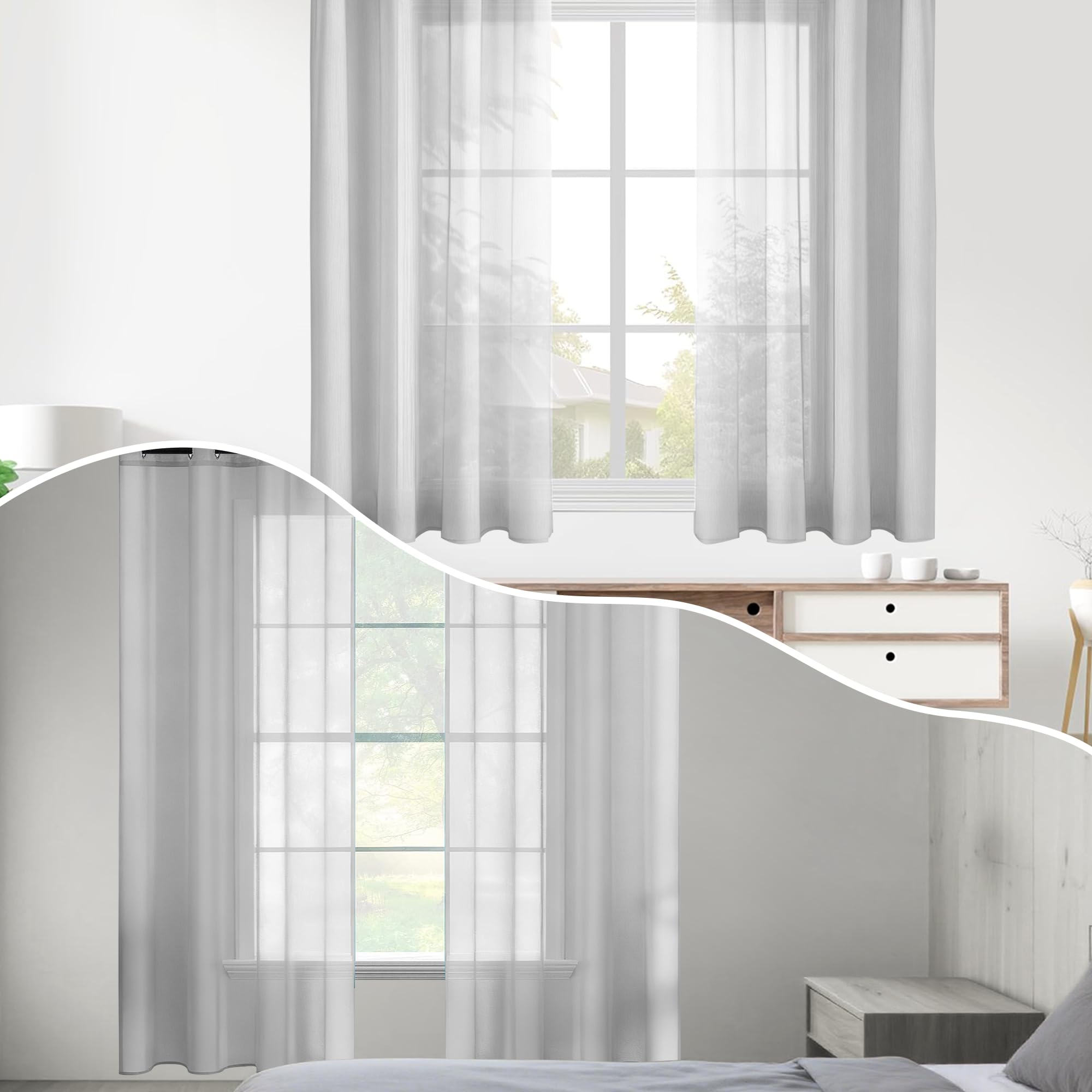 Zasłon Z Woalu 700 x 220 cm Przewiewne Zasłony Na Przelotkach Elegancka Klasyczna, Do Sypialni Salonu Kuchni Pokoju Dziennego, Jasny szary