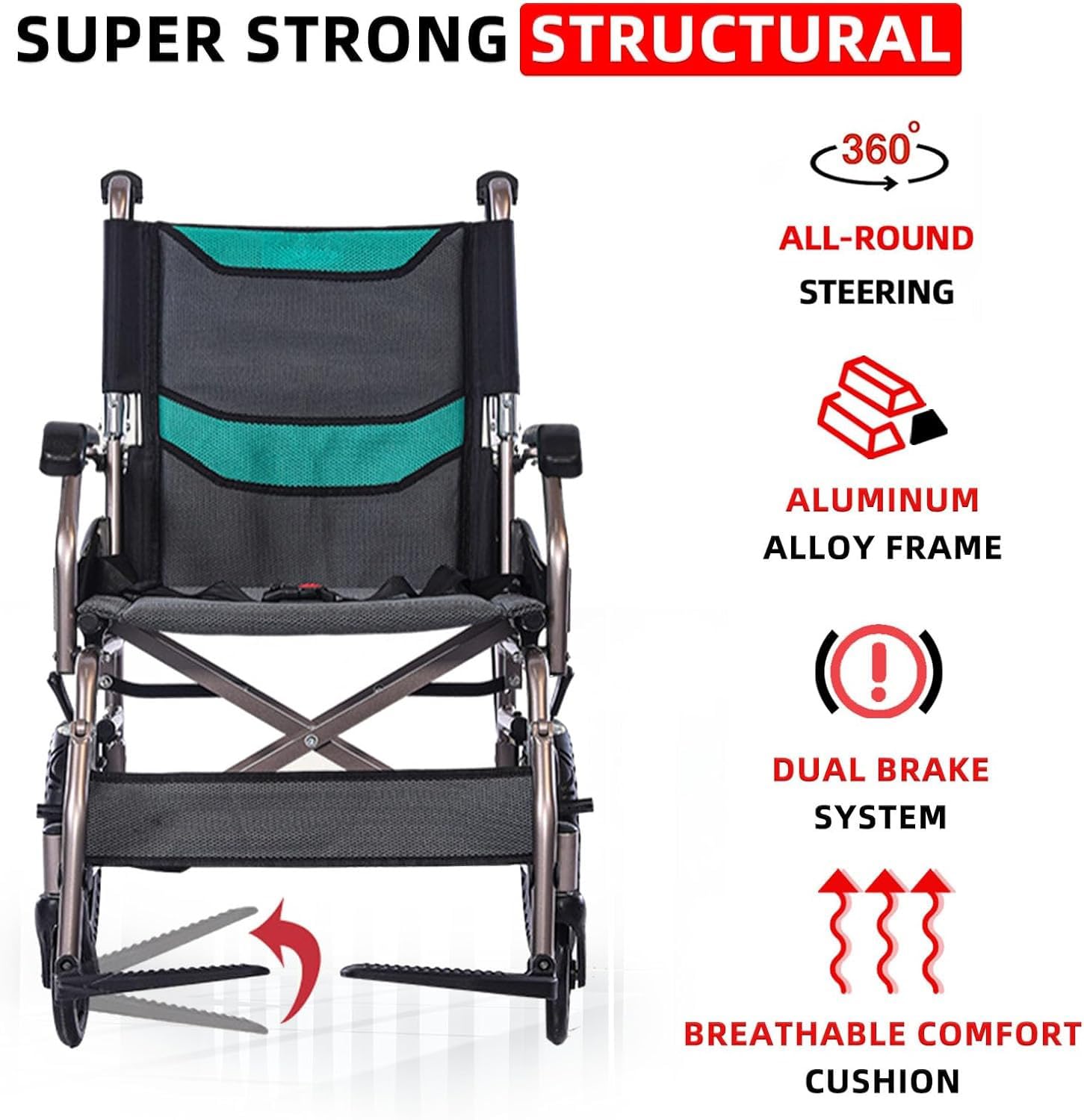 Sedia a rotelle pieghevole in alluminio leggero con schienale pieghevole, sedia a rotelle leggera pieghevole con due coppie di freni, pesa solo 11,2 kg dopo essere stata piegata, può facilmente entrar