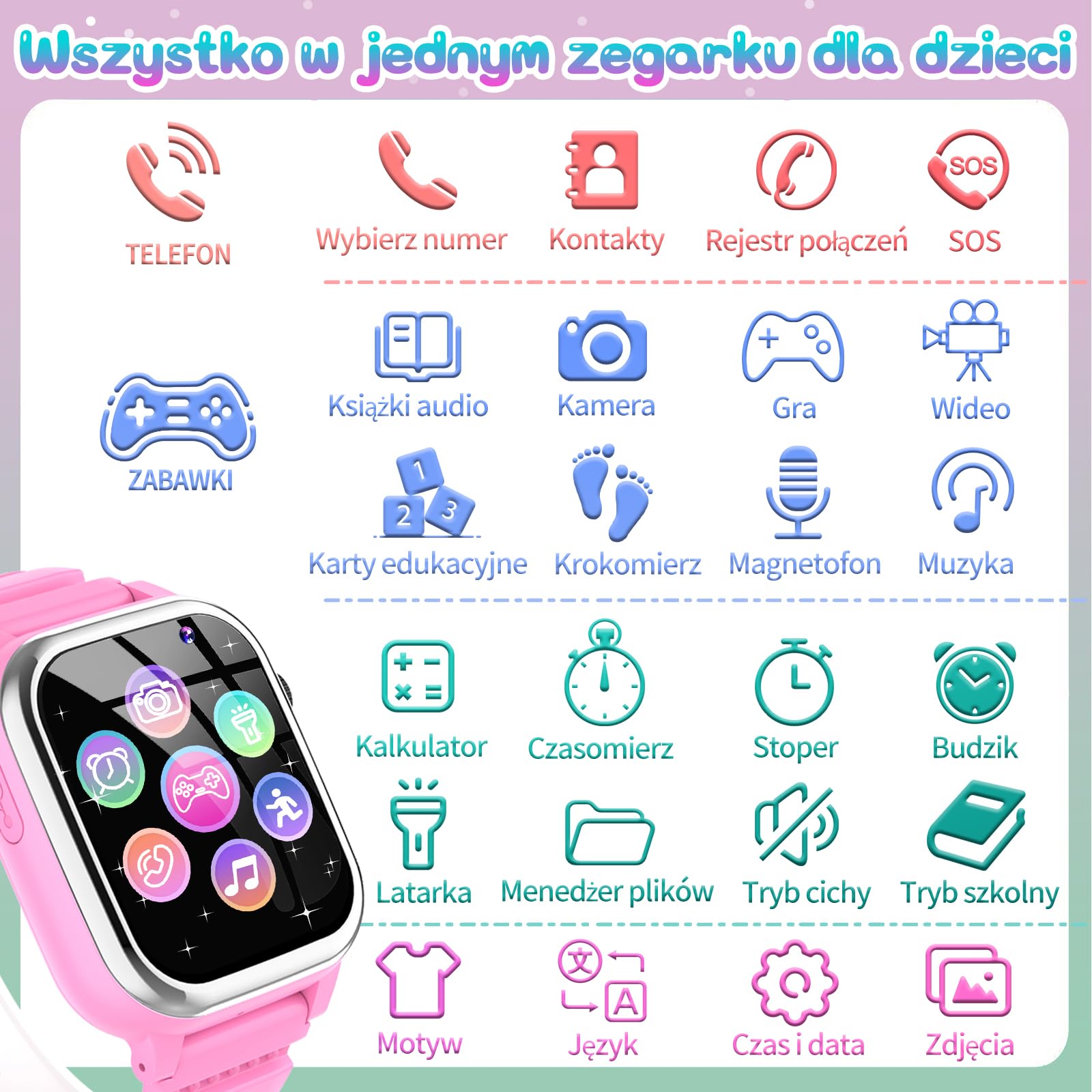 Smartwatch dla Dzieci z 26 Gry Telefon Pedometr Kalorie SOS Budzik Zegarek HD Camera Muzyka Wideo Stoper Inteligentny Zegarek dla Dzieci na Dzień Szkoły Prezenty Urodzinowe