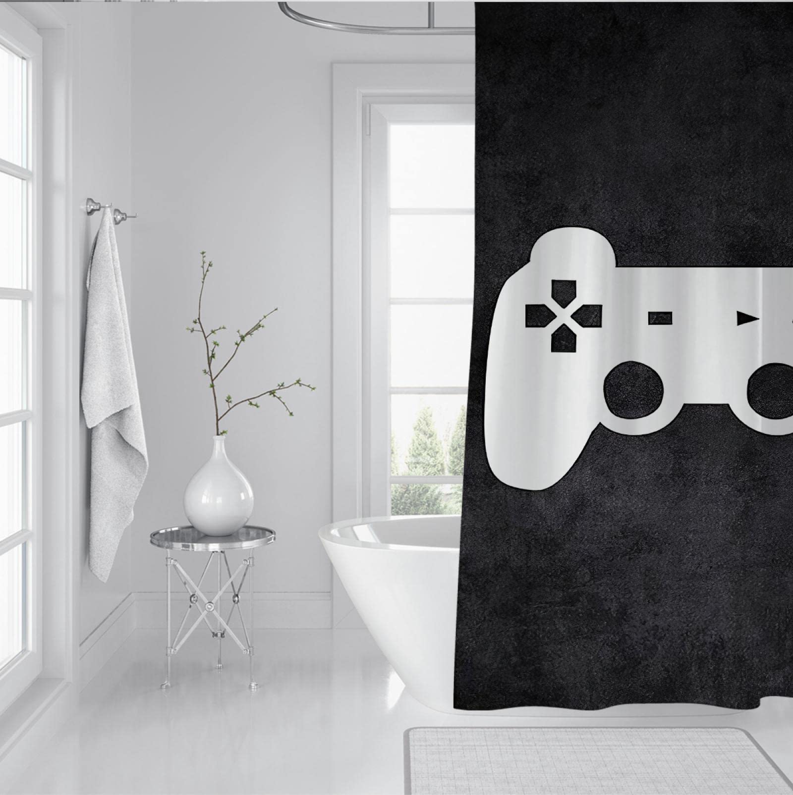Zasłona prysznicowa dla chłopców dla graczy, gier, czarna dekoracja łazienki, dzieci, nastolatki, gra wideo, gamepad, wodoodporna tkanina, akcesoria łazienkowe z 12 haczykami, 180 x 220 cm