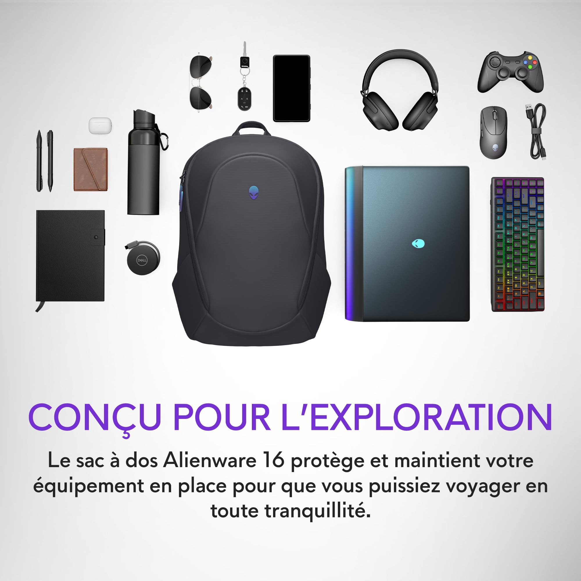 Alienware 16 Sac à Dos - AW5625P - Capacité 21L, Maille Respirante 3D, organiseurs magnétiques, Poche RFID sécurisée, résistant aux intempéries, Logo réfléchissant Iridescent 3D - Noir