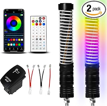 2pc 1FT COB Fat Whip Lights with App & Remote Control Compatible with Polaris RZR Can-Am Maverick X3, Spiral RGB Chasing LED Whip Lights with Rocker Switch for Side by Side, SXS UTV ATV Boat