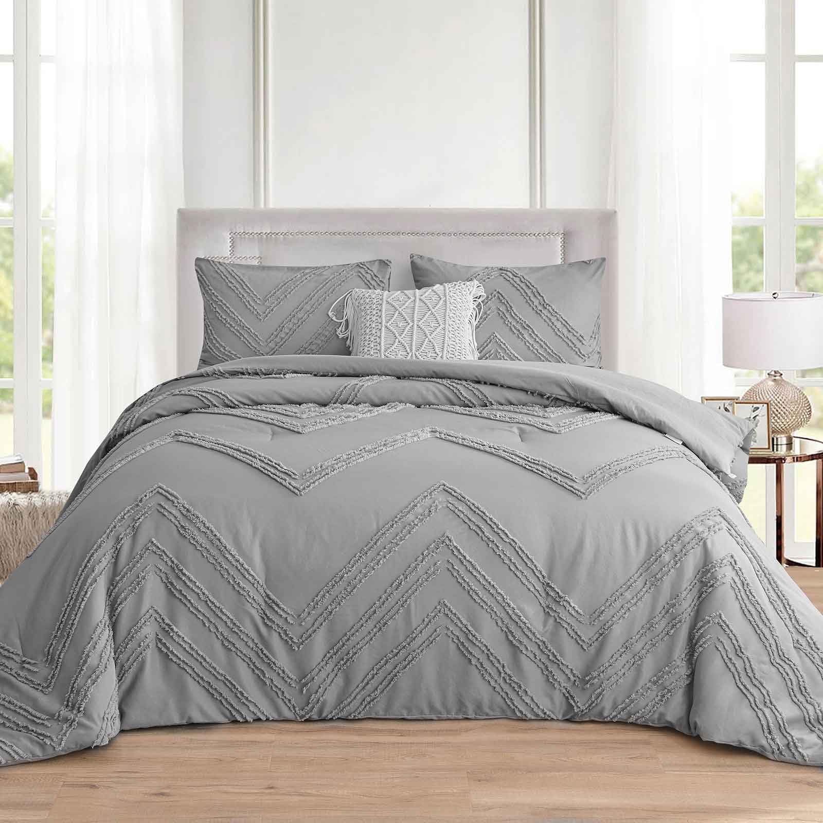 Photo 1 of Grey Queen Size Comforter Set, Boho Tufted Jacquard Textured Striped Reversible Alternative Bed Sets - 90 x 90 3PC Bohemian Soft Microfiber Duvet Farmhouse Bedding in a Bag for Women Men, Gray Queen Gray Striped Tufted Comforter Set