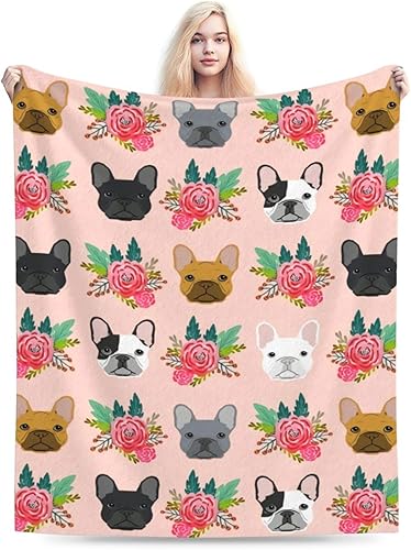 Miniatura 2 de Bonita manta de bulldog francés con diseño floral, suave y acogedora, manta de franela ligera y cálida de felpa para sofá, camping, oficina, viajes,