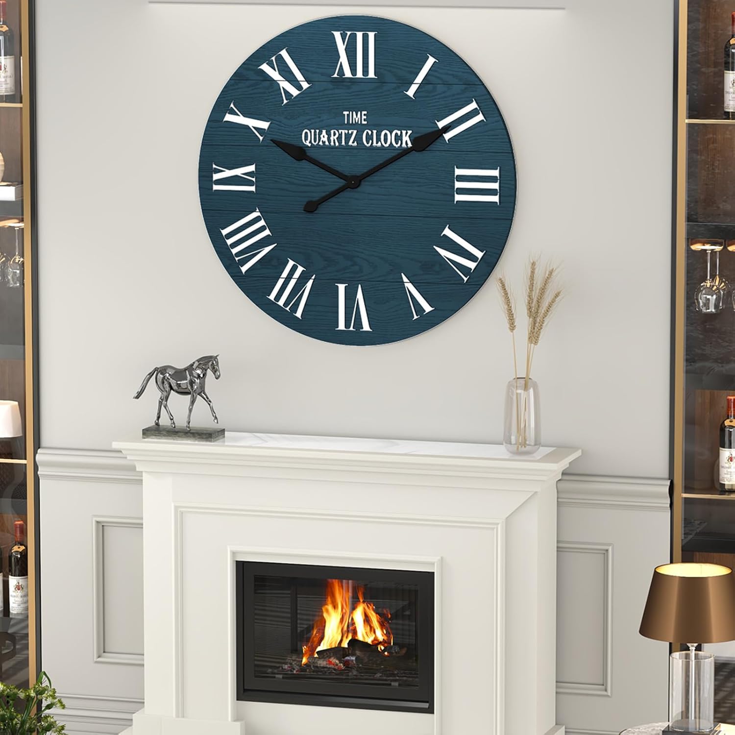 ARTPOWER Large Farmhouse Wall Clock, 35.5” Shiplap Wall Clock with Roman Numeral, Nearly Non-Ticking, Round Wall Clocks for Living Room Decor, Office, Bedroom, Entrance, Navy Blue