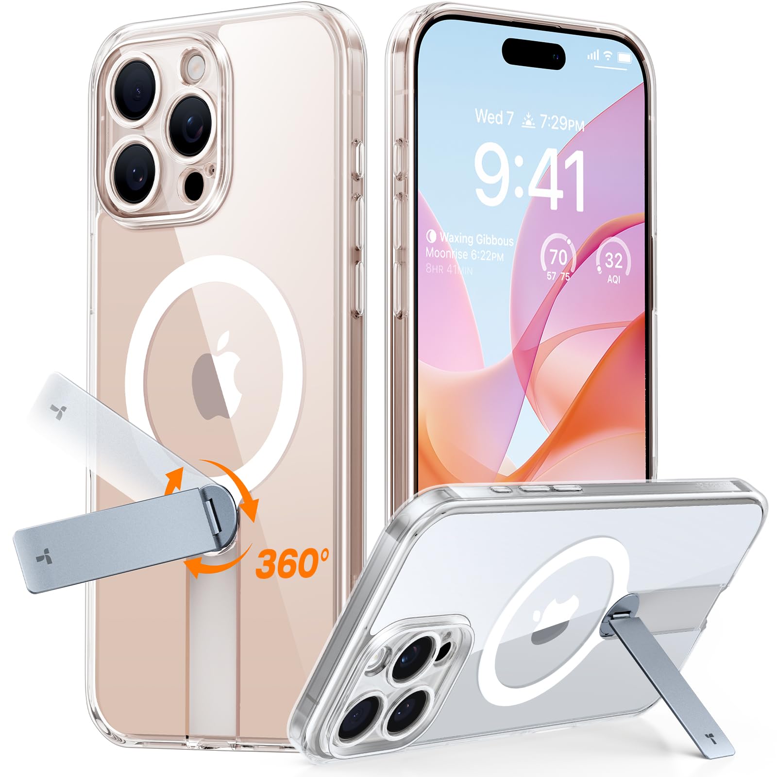 TORRAS360 Stand & Magnetic Shockproof for iPhone 16 Pro Case with Full Camera Protection, Fit for MagSafe, 16FT Military Grade Shockproof Slim Phone Case for iPhone 16 Pro 6.3", Diamond ClearClimatePartner certified