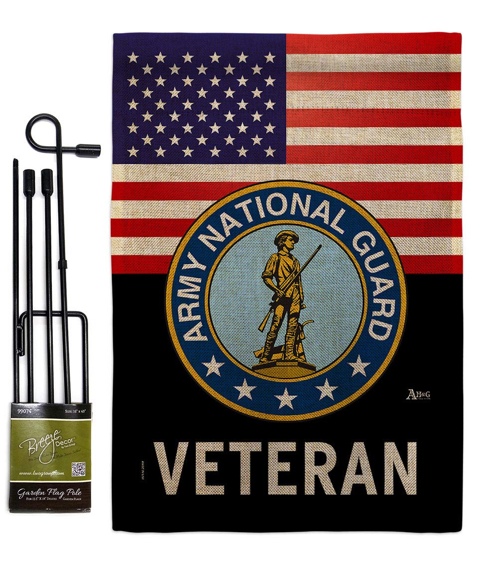 US Army National Guard Veteran Burlap Garden Flag - Set with Stand Armed Forces ANG United State American Military Retire Official - House Banner Small Yard Gift Double-Sided Made In USA 13 X 18.5
