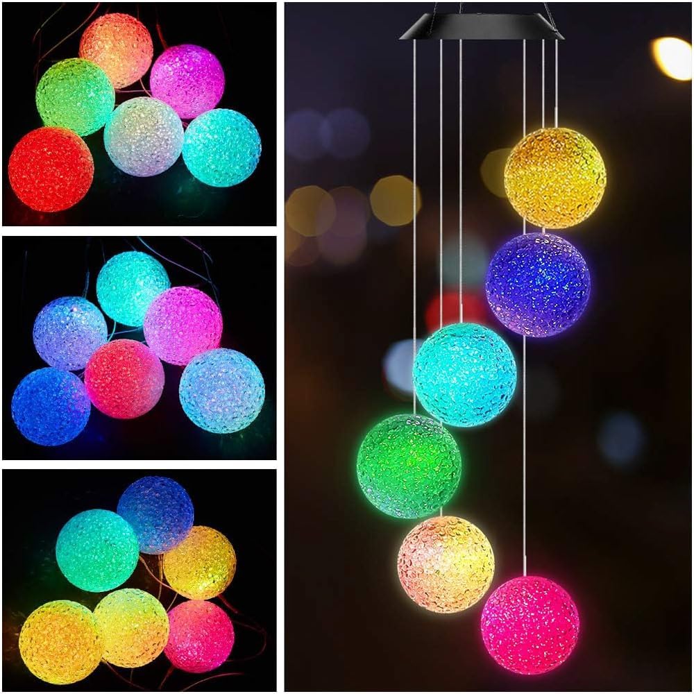 AceList Color Changing Solar Power Wind Chime Crystal Ball Wind Chime Wind Mobile Portable Waterproof Outdoor Windchime Light for Patio Yard Garden Home