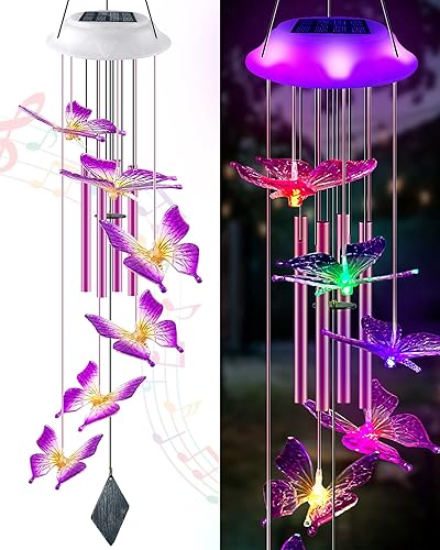 Campanillas de viento solares de mariposa, regalos para mamá y mujer, campanilla de viento LED de colores que cambian de colores para exteriores con