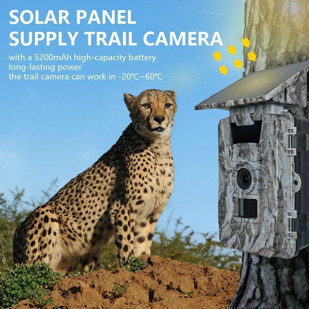 LMHOME PR903WD Trail Camera mounted on a tree with a solar panel, and a cheetah in the background.