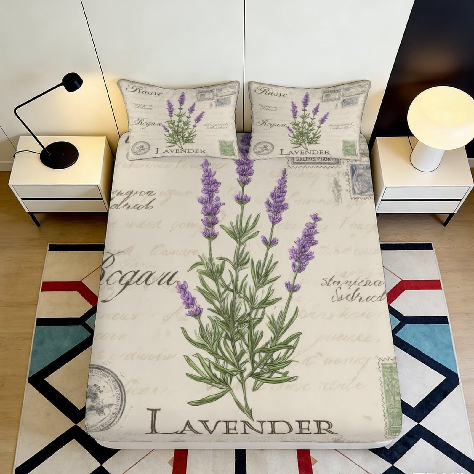 3D Printed Lavender Botanical Fitted Sheet Microfiber Soft Breathable Vintage Letter Mattress Cover for Bedroom Guest Room Decor 90x200x25cm