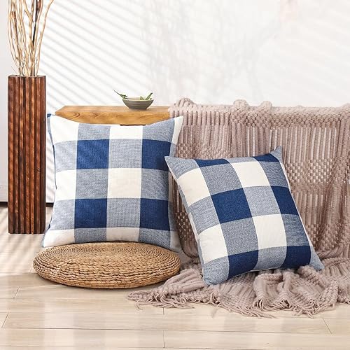 Miniatura 5 de CARRIE HOME Juego de 2 fundas de almohada de 20 x 20 pulgadas para exteriores, color azul marino y blanco, fundas de almohada de granja a cuadros de