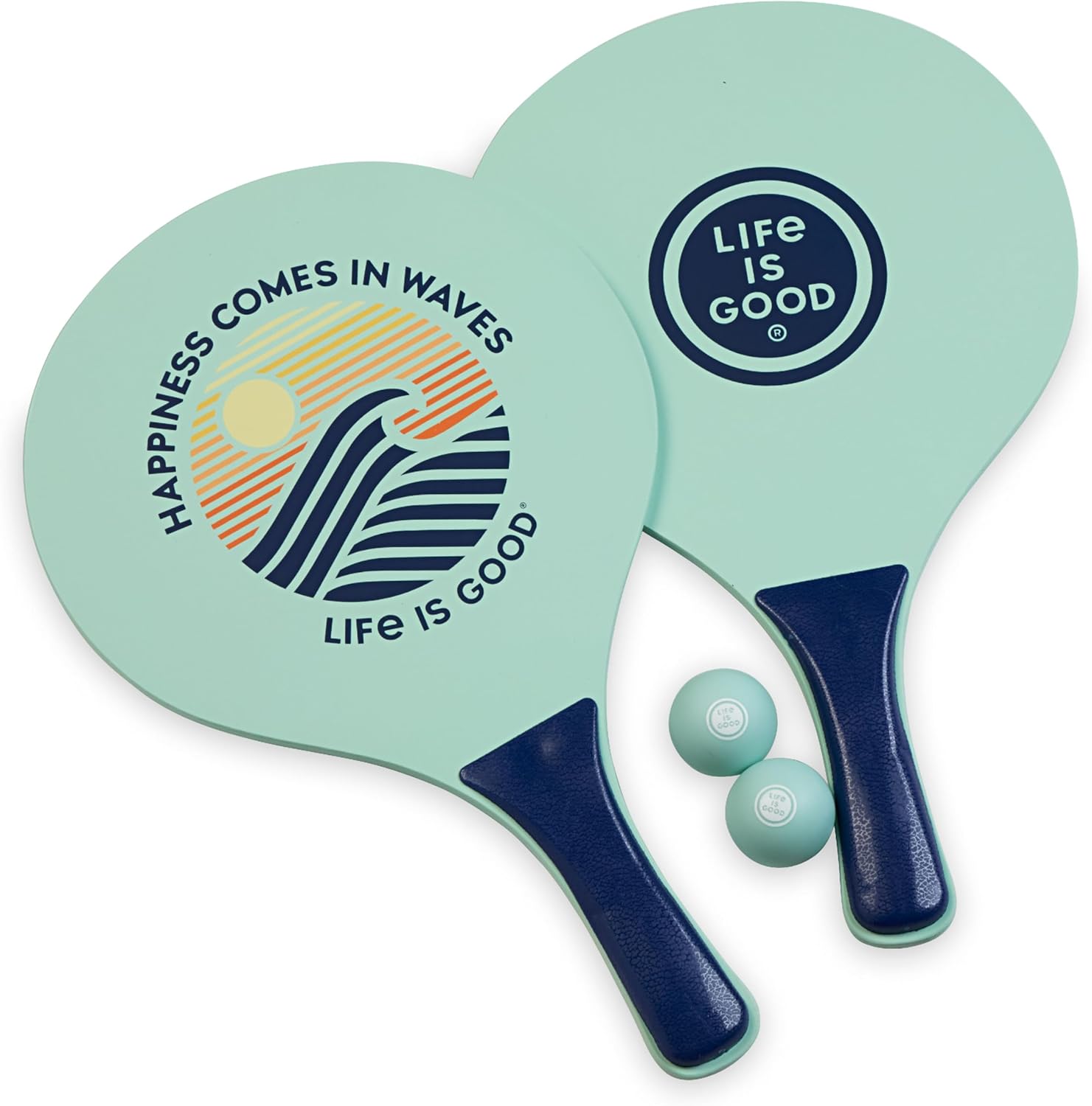 Life is Good Wooden Paddle Ball Set (Happiness in Waves), 2 Wooden Paddles & 2 Balls, Contoured Grip Handles, Travel-Ready Family Game for Park, Picnic, Yard, and Campsite Play