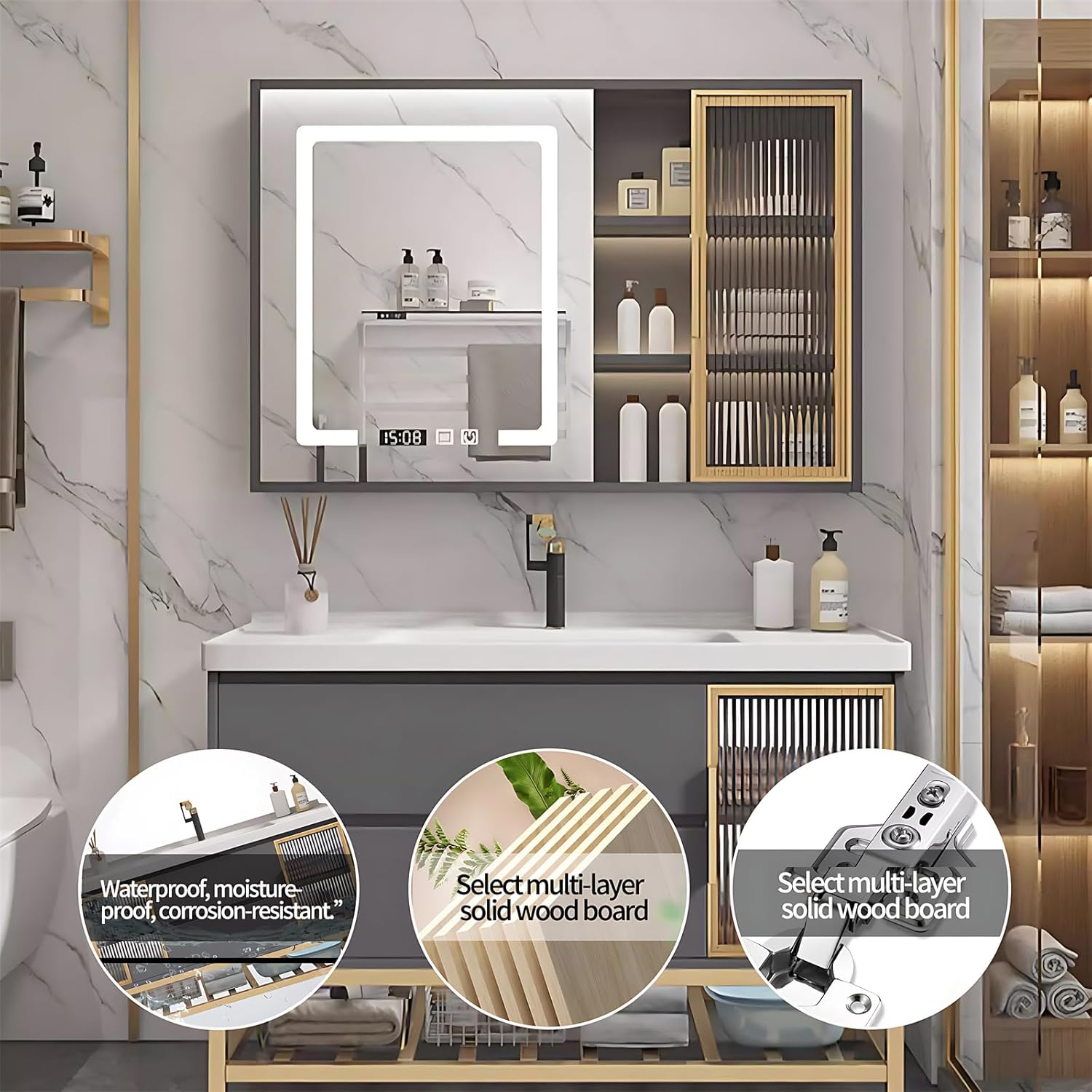 Bathroom Vanity - Modern Bathroom Vanity with Sink, Including Smart Defogging Mirror, Freestanding Bathroom Sink Cabinet, Multi-Layer Solid Wood Material (48")