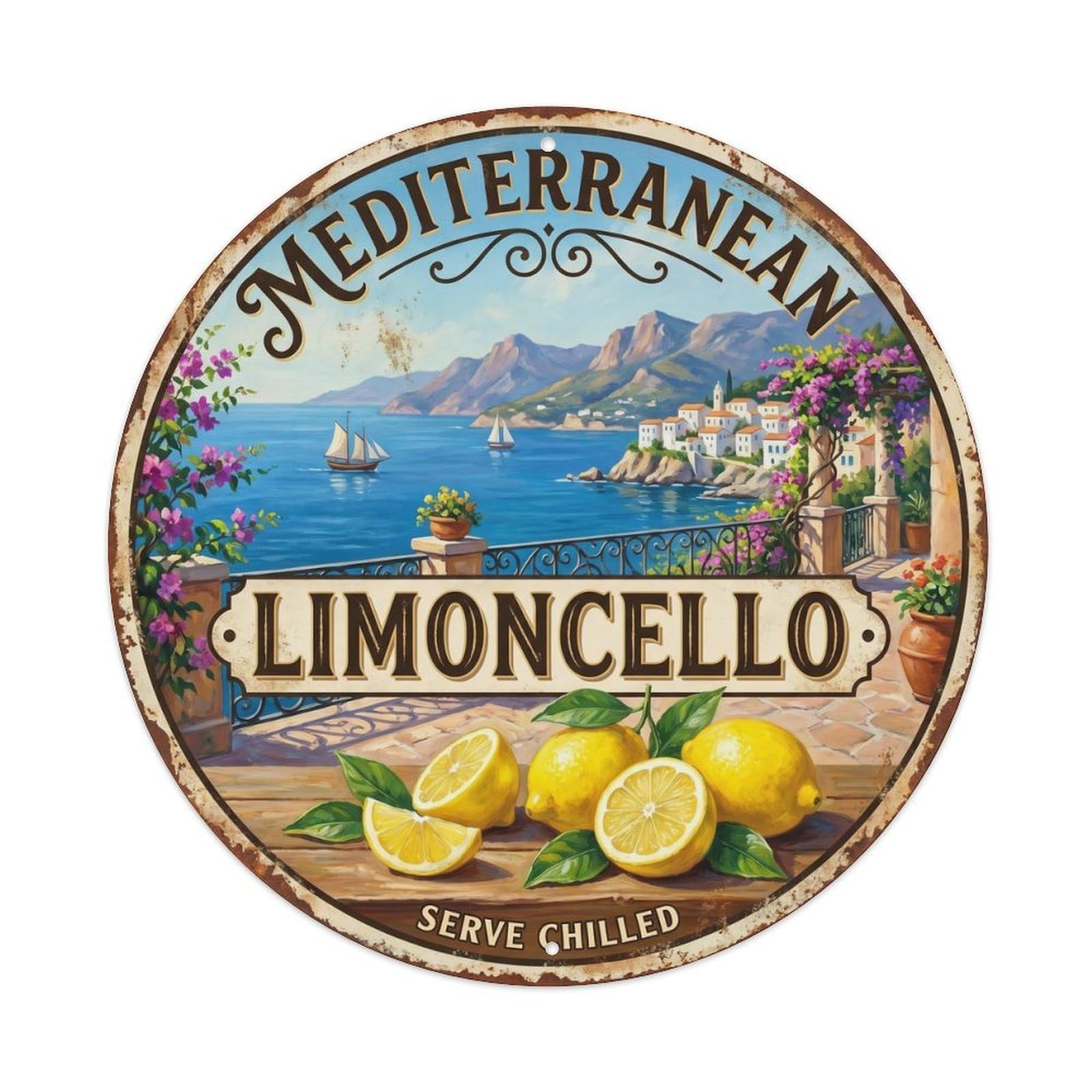 Coastal Limoncello Liqueur 1 Vintage Metal Tin Sign Plaque Wall Decor for Cafe, Club, Garden Round Metal Poster 8x8Inch