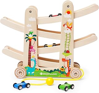 Wooden Car Ramp Track Toy,Race Track Game Toy Vehicle Sets with 4 Wooden Cars 4 Car Ramps 4 Wheels Birthday Gift for Boys and Girls Age 18 Months and Up,Montessori Racing Track Educational Toys