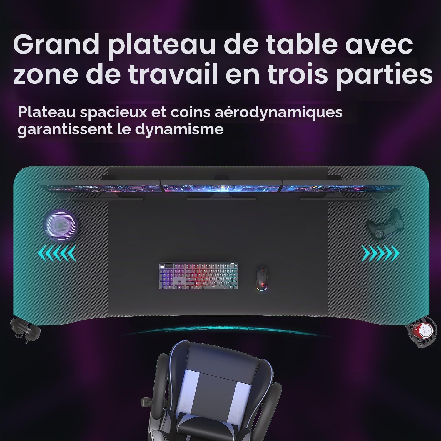 JUMMICO Bureau Gaming 180x60cm, Porte-Gobelet & Casque, Ergonomique, Noir