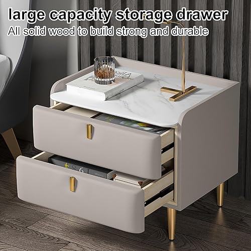 Miniatura 5 de WOLWES Mesita de noche, mesa auxiliar con almacenamiento, mesita de noche de madera maciza con 2 cajones, parte superior de mármol sintético, para