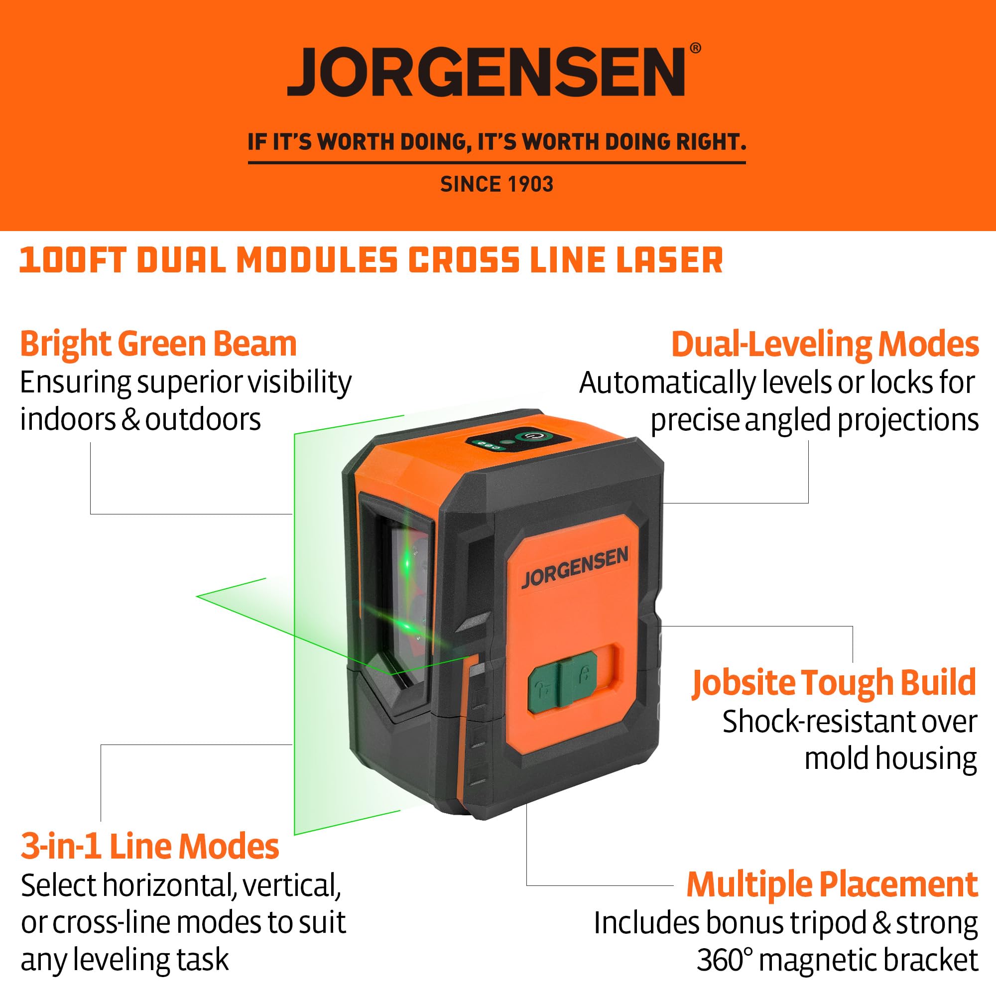 Jorgensen Laser Level - 100FT, Tripod Included -2 Jorgensen Laser Level - 100FT, Tripod Included -2