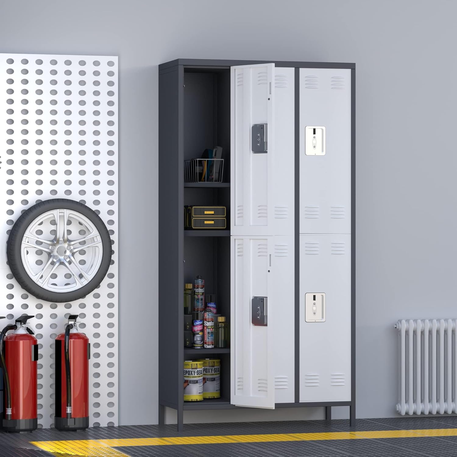 6 Doors Metal Storage Lockers for Employees, Industrial Steel Locker with 18 Hooks for Gym,School,Garage,Office,Bedroom,Assembly Require,Light Gray&White