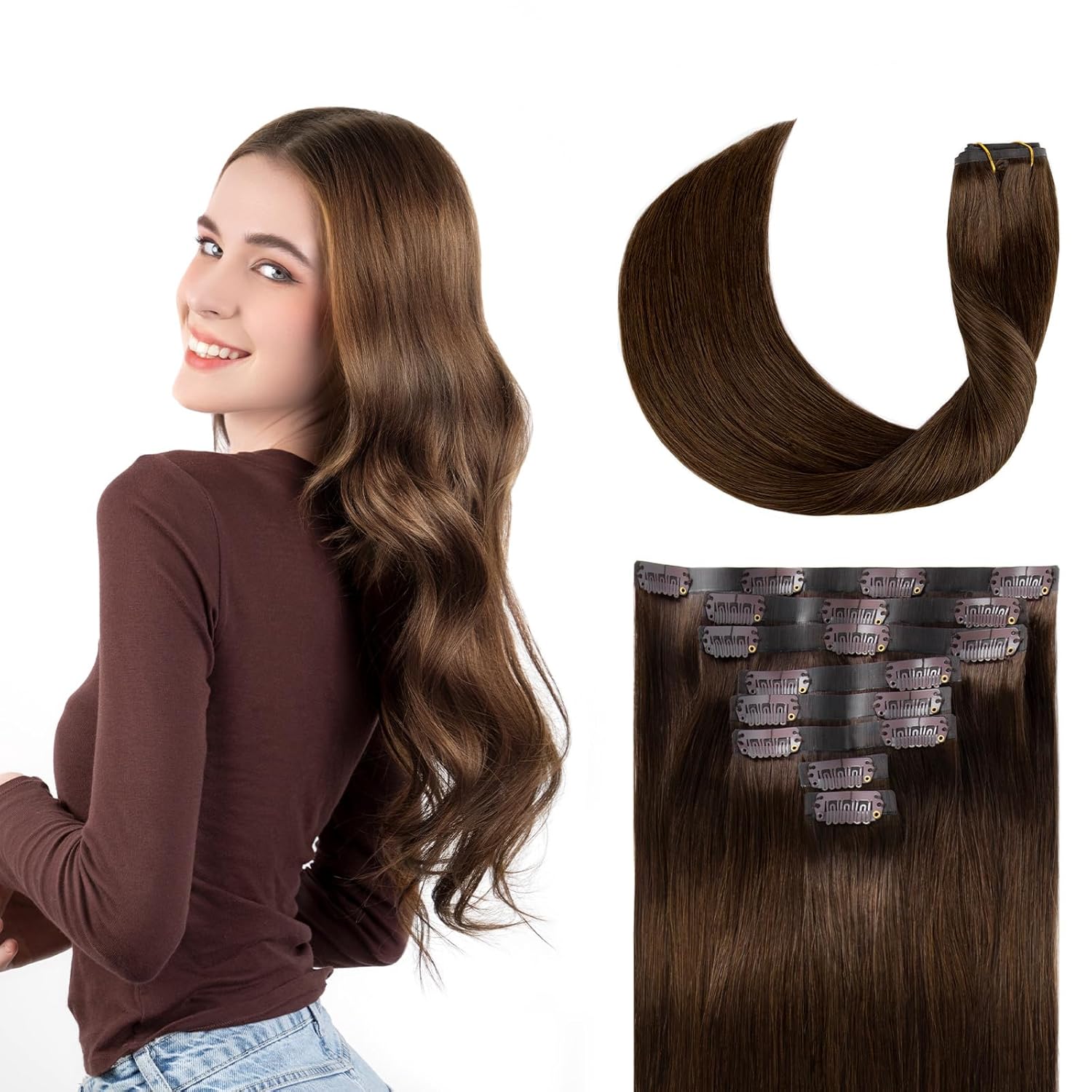 Clip in Hair Extensions Real Human Hair Chocolate Brown Seamless Clip In 100% Straight Remy Hair Extensions PU Skin Weft Add Volume for Women #4A 20Inch 120G 8PCS