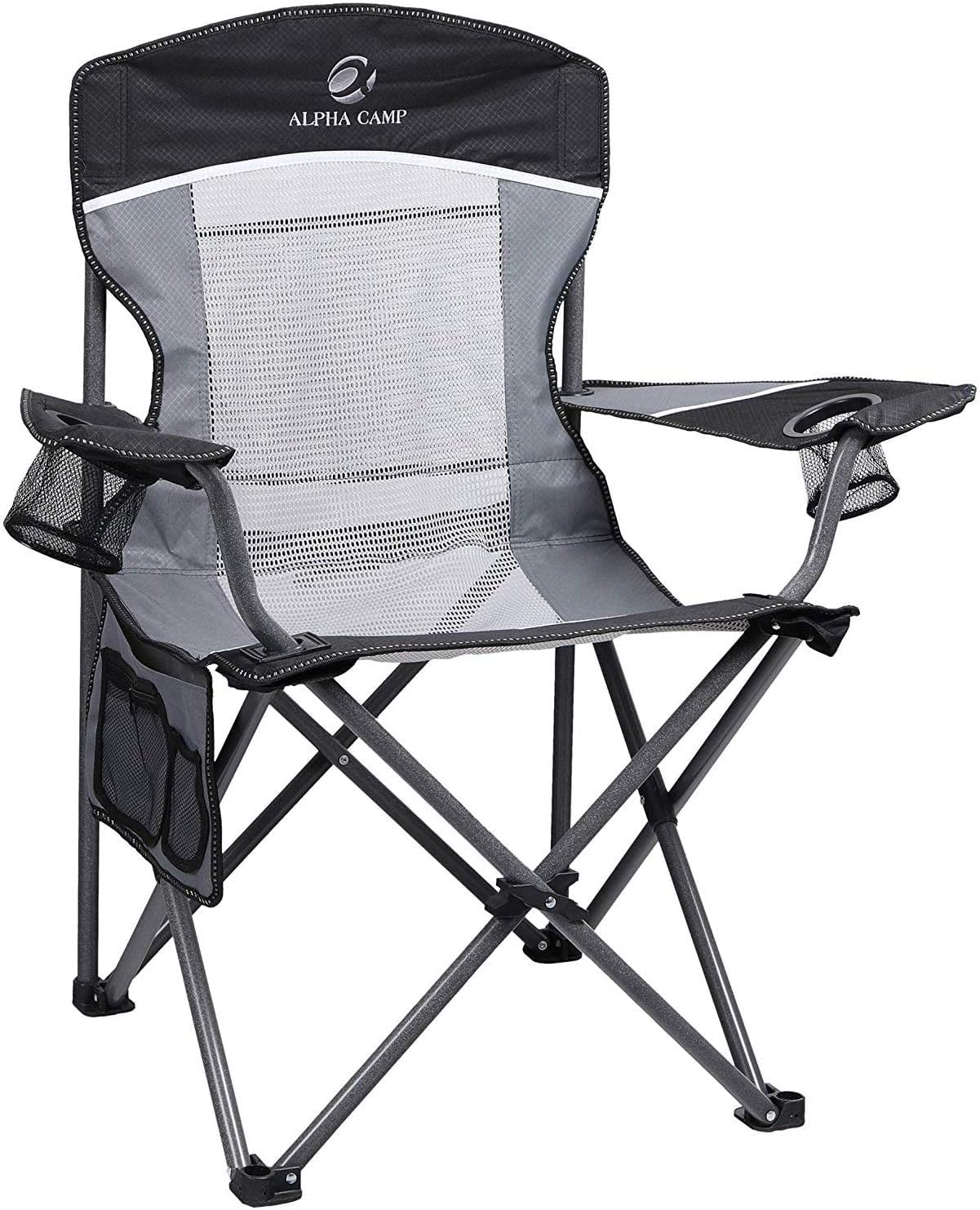 HIGH POINT SPORTS Campingstuhl Faltbar Angelstuhl Mesh-Rücken Klappstuhl | Camping Stuhl 160 kg Belastbar Anglerstuhl mit Armlehne Getränkehalter Stahlrahmen Tragbar Campingsessel (Schwarz)