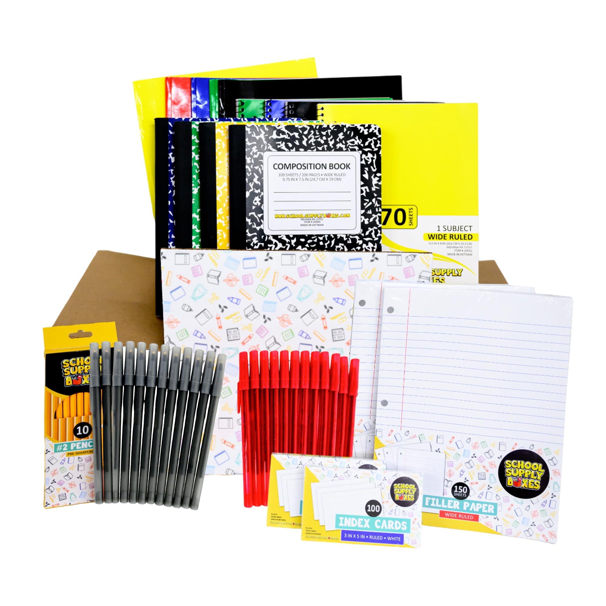 School Supply Boxes - Set per scrittura scolastica elementare, 1 scatola, 51 pezzi per scatola, elementi essenziali per il ritorno a scuola, include libri di composizione, fogli sfusi, schede indice
