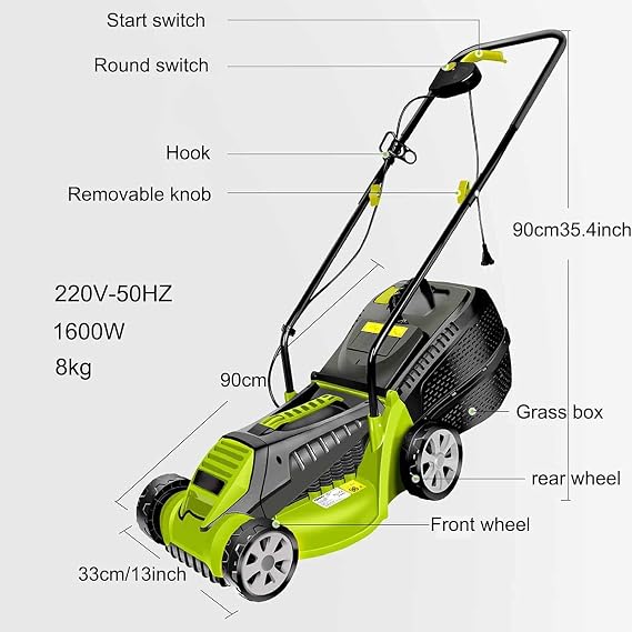 Corded Electric Dethatcher, 13-Inch Push Lawn Sweeper, Strong Rubber Wheels & Adjustable Mowing Height, Lightweight Walk-Behind Lawn Mower Clear
