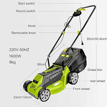 Corded Electric Dethatcher, 13-Inch Push Lawn Sweeper, Strong Rubber Wheels & Adjustable Mowing Height, Lightweight Walk-Behind Lawn Mower Clear
