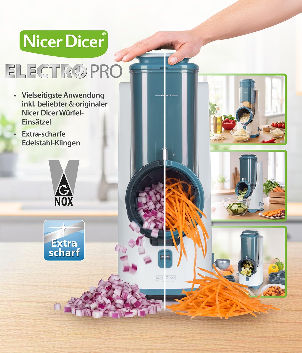 Genius Nicer Dicer Electro PRO Set 32-tlg., sage, Gemüseschneider elektrisch mit 9 Einsätzen zum Reiben, Hobeln, Würfeln & Schneiden, extra-scharfe Klingen, einfache Reinigung, leistungsstark