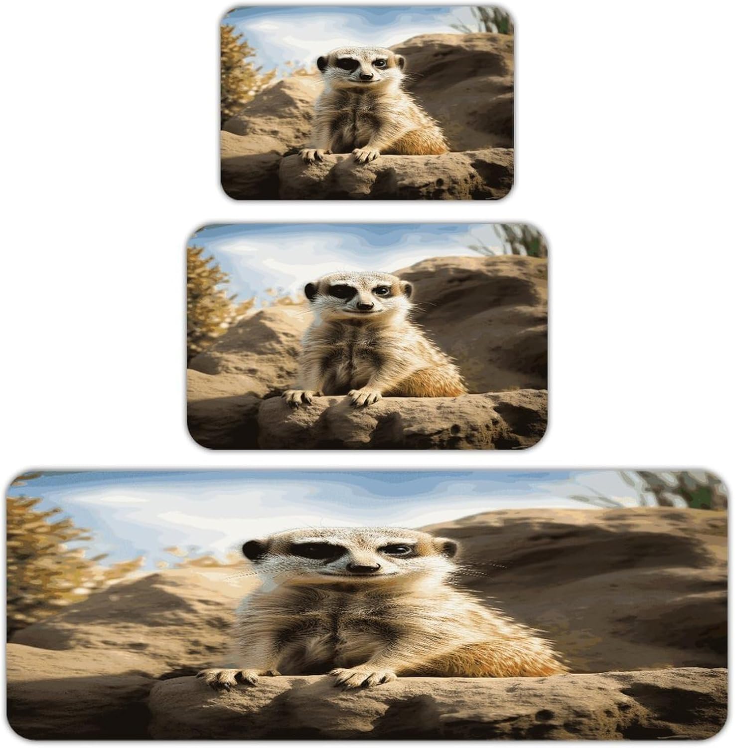 Meerkat Animal Kitchen Rugs Set of 3 Non Slip Washable Kitchen Mats for Floor Soft Area Rug Kitchen Floor Mat Cushioned Anti Fatigue Mats Standing Sink Mat Decor Runner Rugs