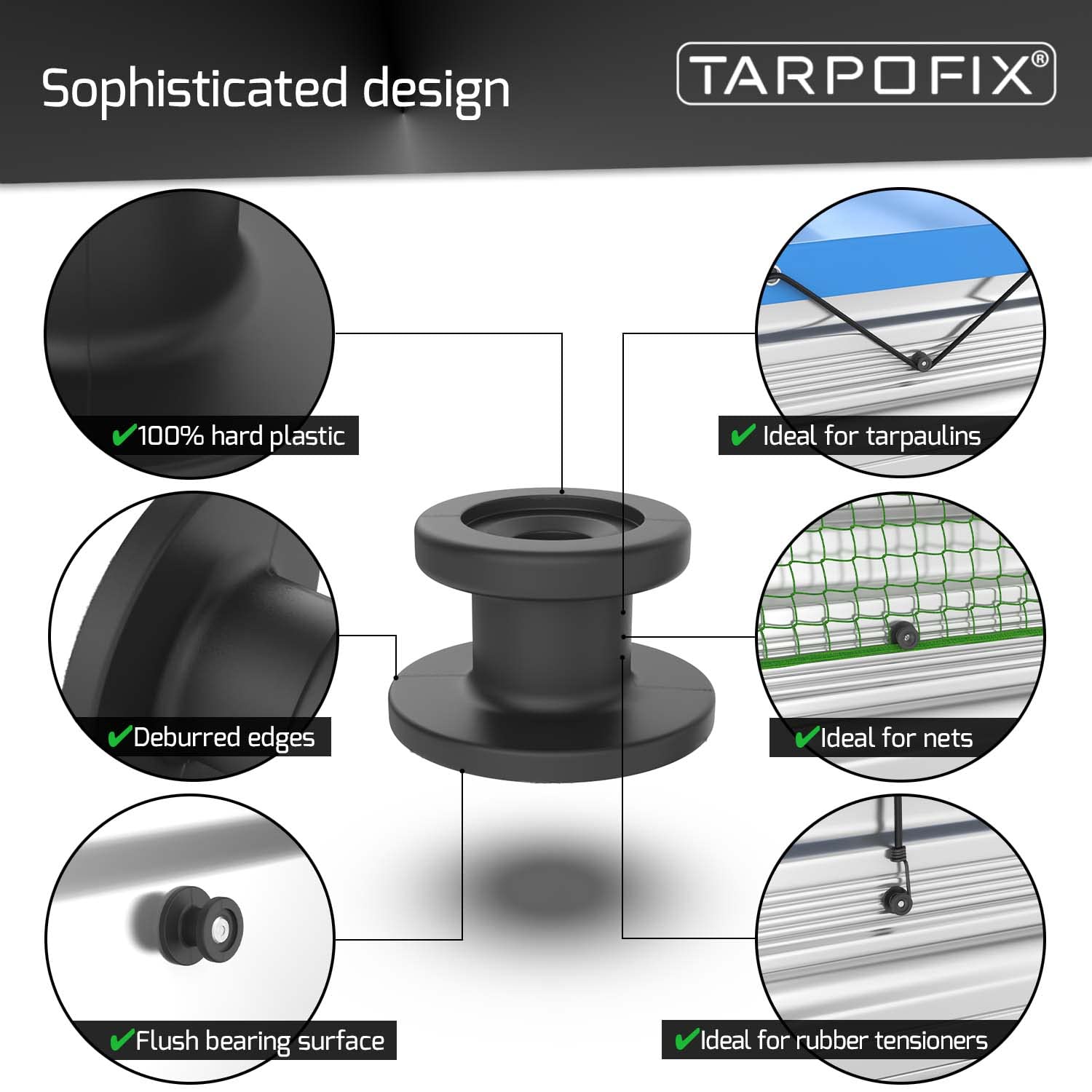 Tarpofix® Gałki do plandek, okrągłe haki do przyczepy, plandeki (20 szt.) – wytrzymałe haczyki do zawieszania z twardego tworzywa sztucznego – haki mocujące do samochodów osobowych, przyczep,