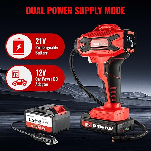Miniatura 4 de RUSHKYLIN Inflador de neumáticos inalámbrico, compresor de aire portátil, bomba de aire de 160 PSI con adaptador de corriente de 12 V, bomba de