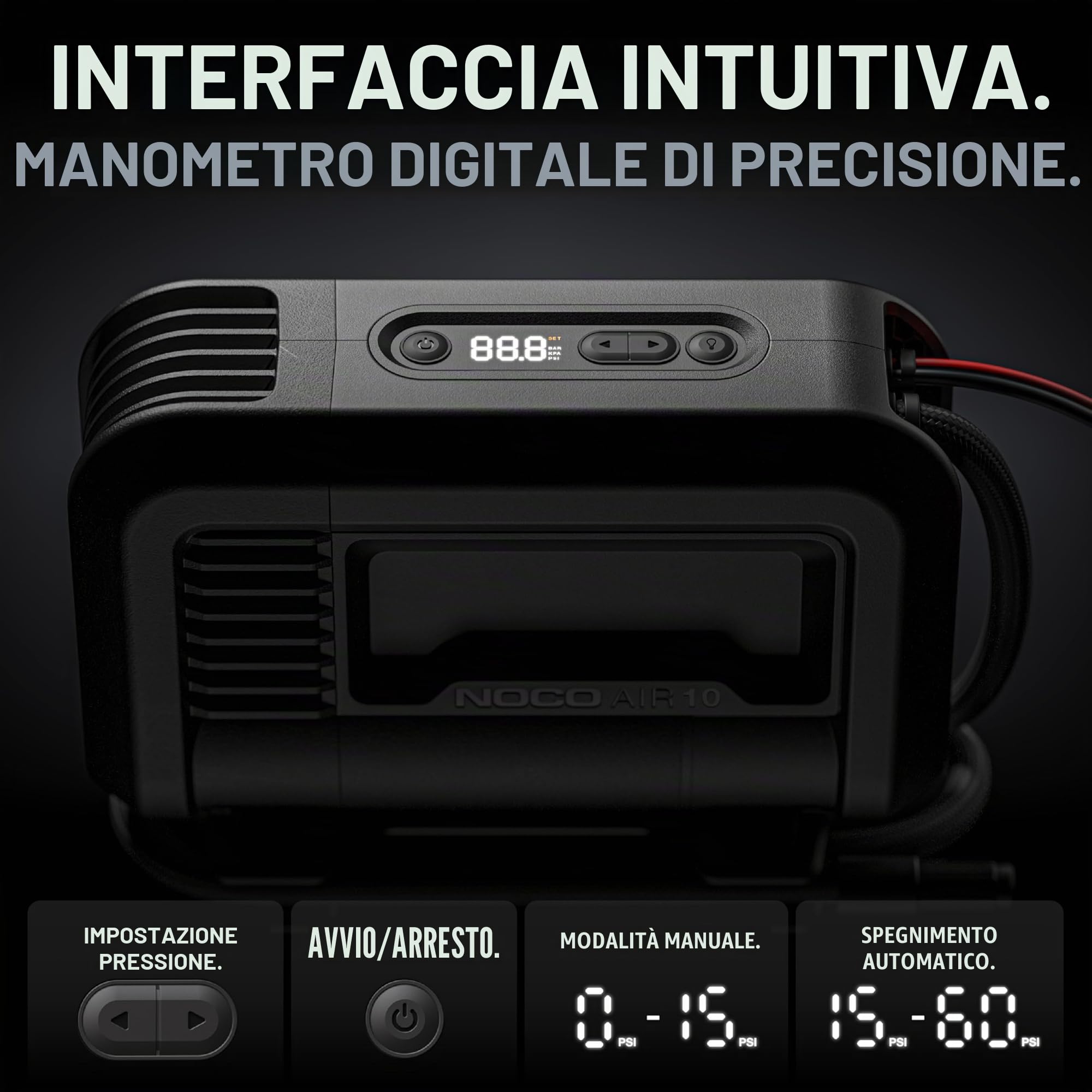 NOCO AIR10: Gonfiatore per Pneumatici da 10A – Compressore d’Aria Portatile 12V – Portata 36 SLPM, da 0 a 40 PSI in 3,8 Minuti – Manometro Digitale + Spegnimento Automatico