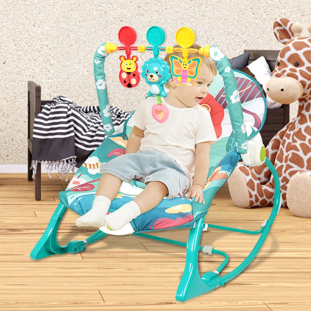 Transat Bébé Vibrations Apaisantes, Transat Evolutif et Siège Sauteur,3 Positions d'Inclinaison, Musique, 3 Points Harnais, 2 Jouets, Arche de Jeu, 0-6 Mois Jusqu'à 11 kg (bleu)