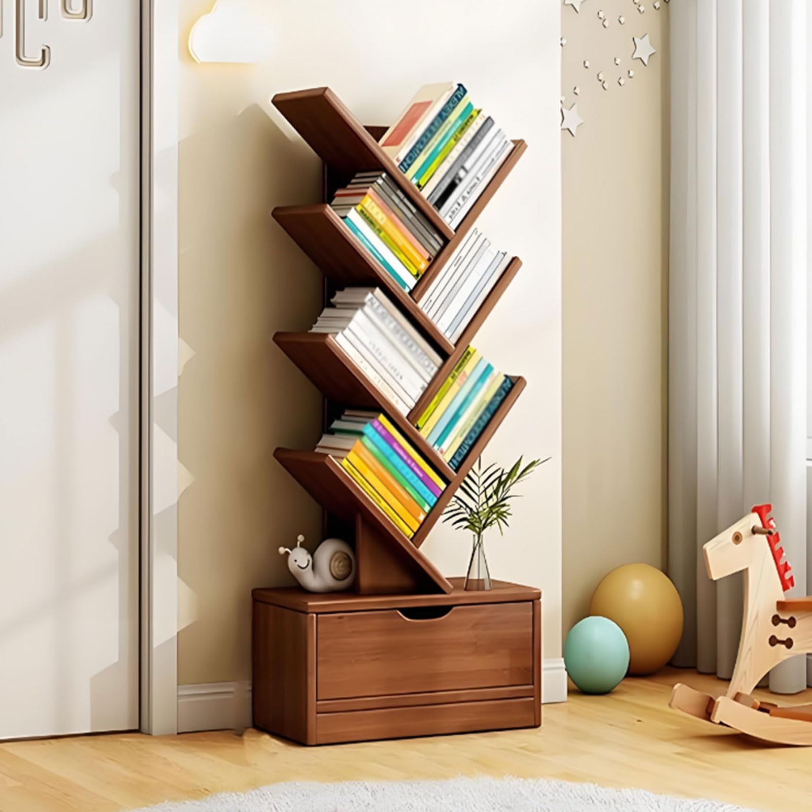 Estantería de árbol retro para crear un rincón de lectura acogedor en el dormitorio