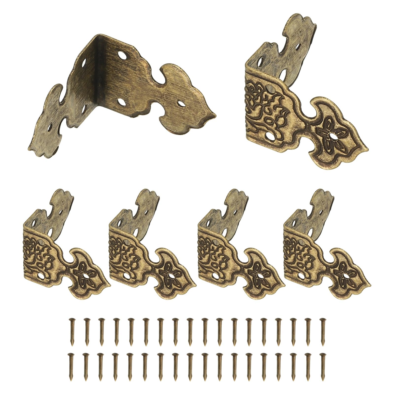 sourcing map 6 Pcs L Shaped Vintage Corner Protectors, 25 x 17 mm Decorative Guards, Protector Corner Braces with 36Pcs Nails for Cabinets Furniture Wooden Boxes, Bronze