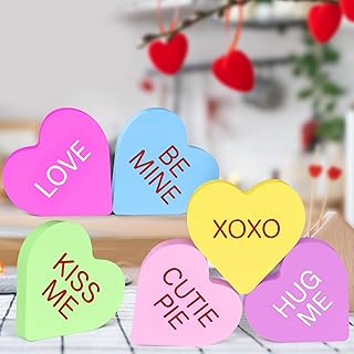 6 Pcs Wooden Hearts Valentines Decor, Colorful Conversation Hearts Decorations Heart Shaped Table Signs, Pastel Printed Valentines Decorations Tabletop Centerpiece for the Home Tray Valentine Wedding