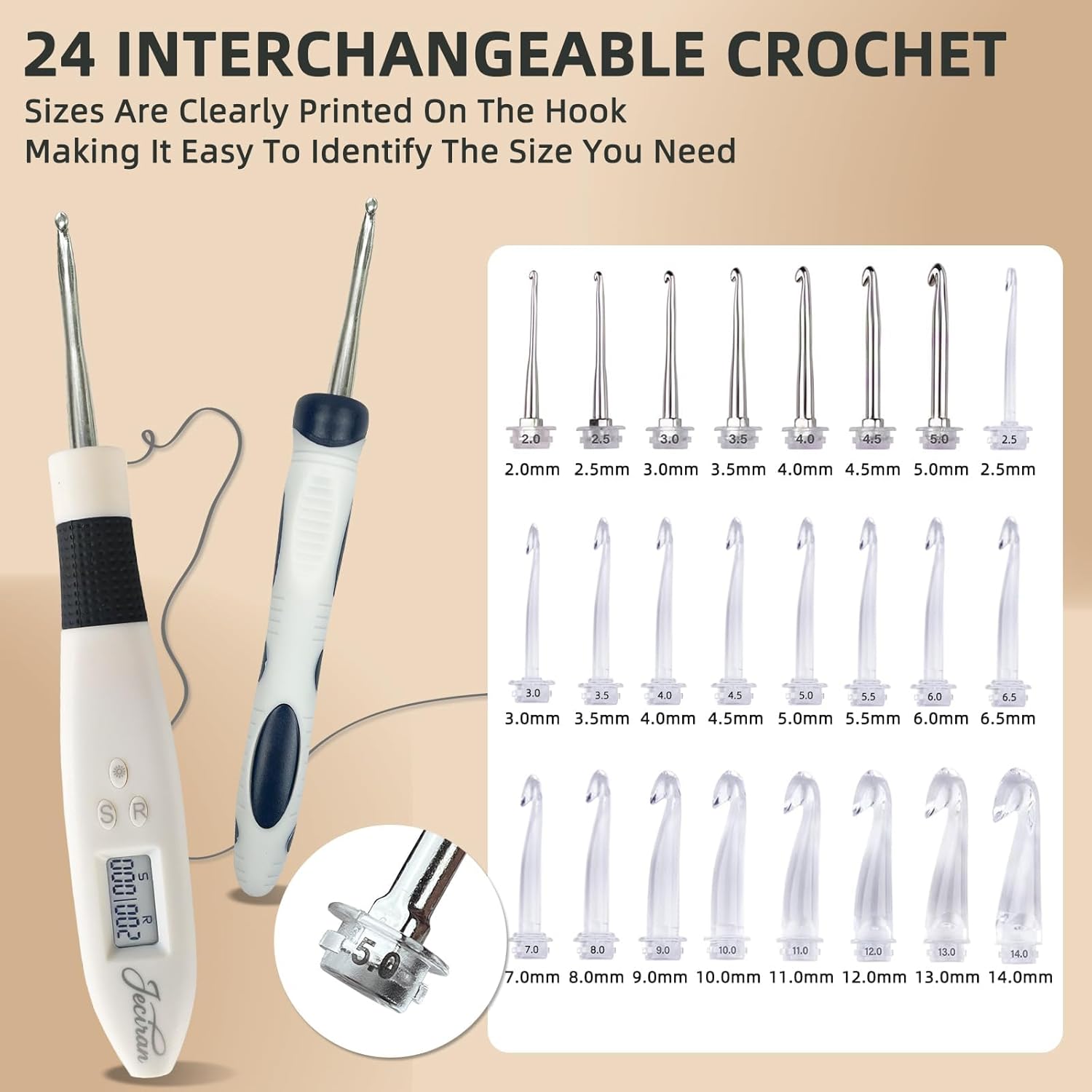 Jeciran 24 in 1 Light Up Crochet Hook Set,Lighted Crochet Hooks with Counter,Counting Crochet Hook for Stitch & Row Counter Micro Crochet Gifts with Case