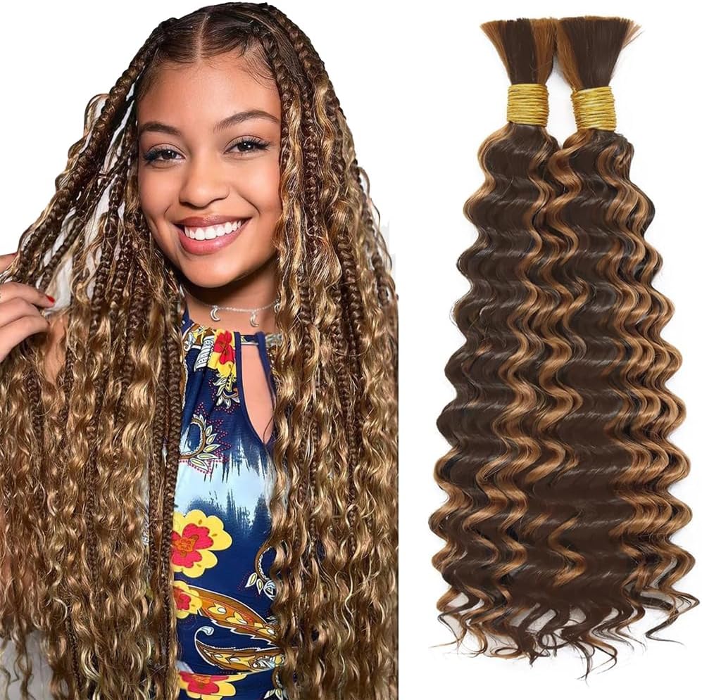 – Boho Braids Human Hair Extensions 26 26 Inch Deep Wave P4/30 Highlight Brown Color Invisible No Weft Human Hair Bundles For Braids 2 Bundles Total 100g