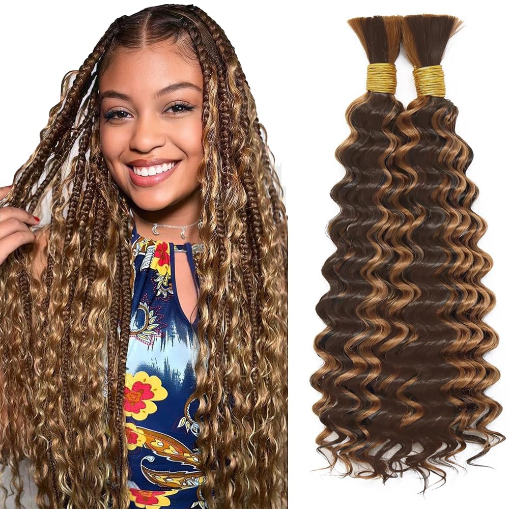 Evaxilc Human Hair Extension For Boho Braids Deep Wave 24 24 Inch P4/30 Highlight Brown Color No Weft Wet and Wavy Human Braids Hair For Woman 50g/bundle Total 100g