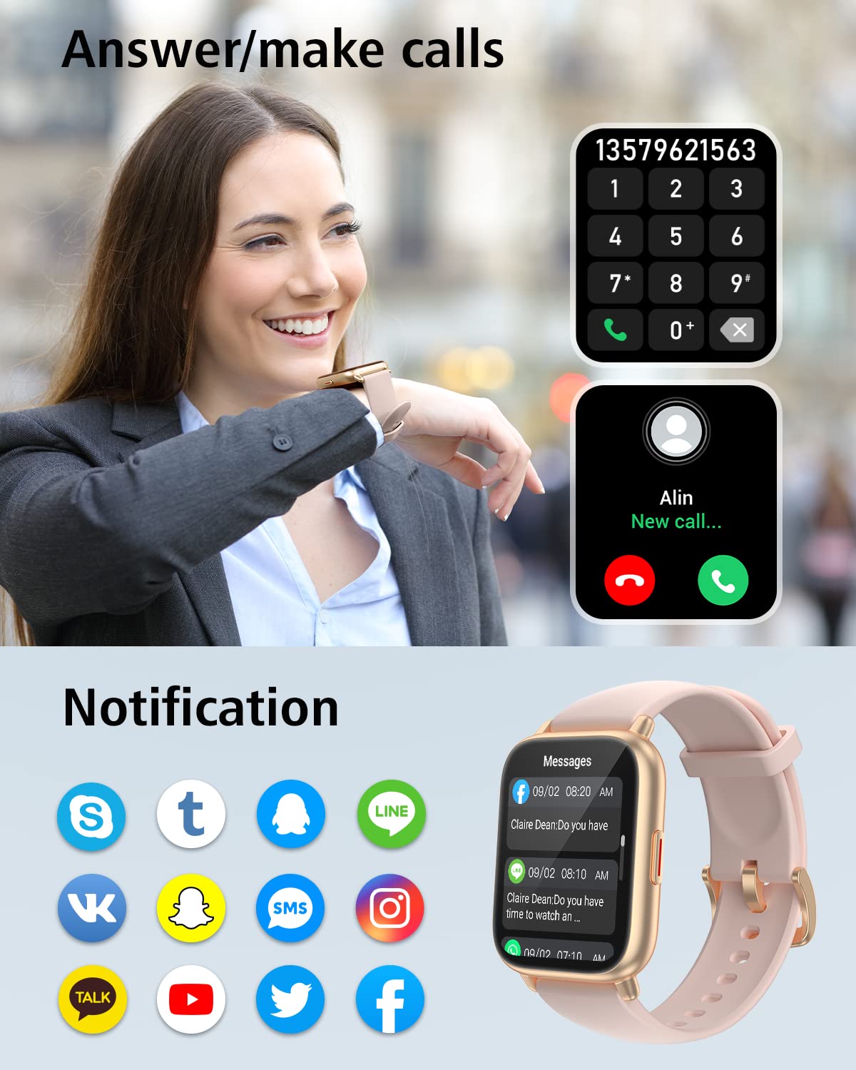 RUIMEN Smart Watch Answer Dial Call,Smart Watches for Women Men 1.85"HD Screen Fitness watch with SpO2 Heart Rate Sleep Monitor Step Counter Waterproof 100+ Sports Mode for Android iOS (2 Bands) - Image 2