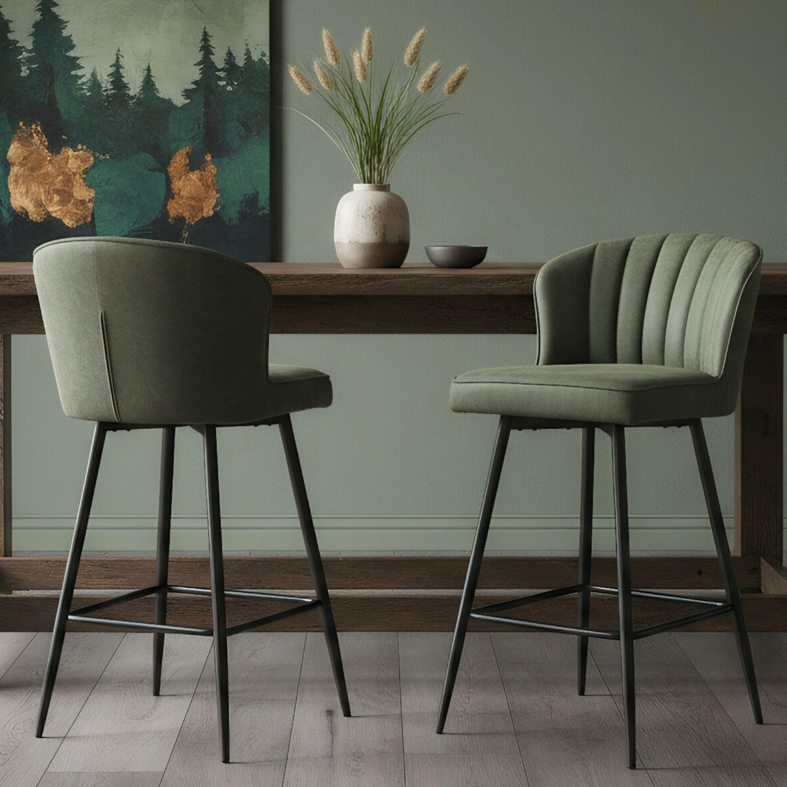 CIMOO Green Leather Bar Stools Set of 2 Mid Century Modern Counter Stools 26 Inch Counter Height Stool Chairs Upholstered Kitchen Island Chairs with