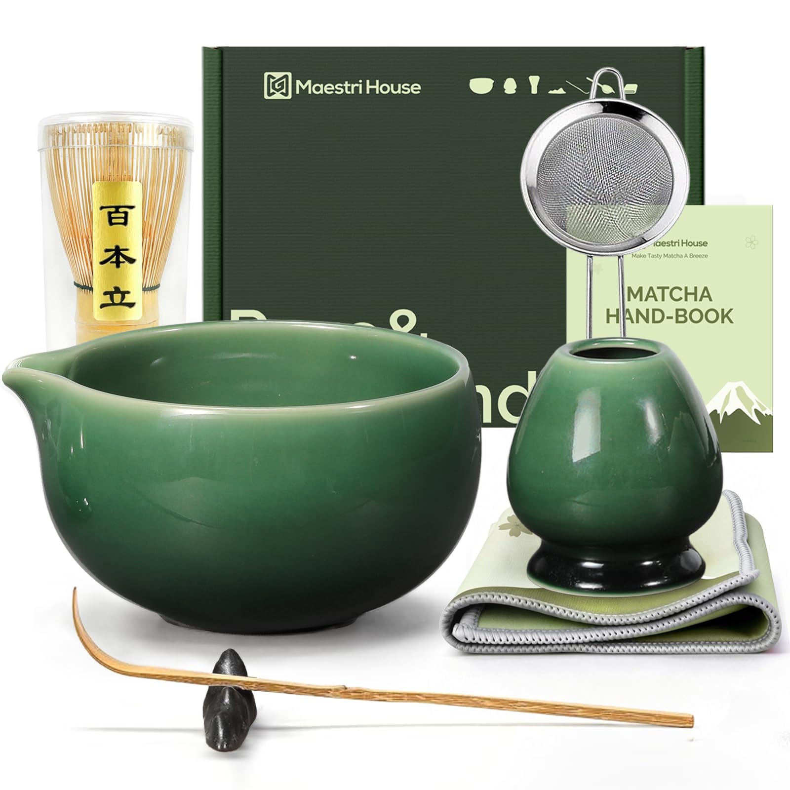 Maestri House Matcha Set - 7-Teiliges Matcha Zubehör mit Ausgießer Japanisches Matcha Besen Set - Matcha Whisk, Schaufel, Sieb, Matcha-Besenhalter, Matcha-Besenständer - Smaragdgrün