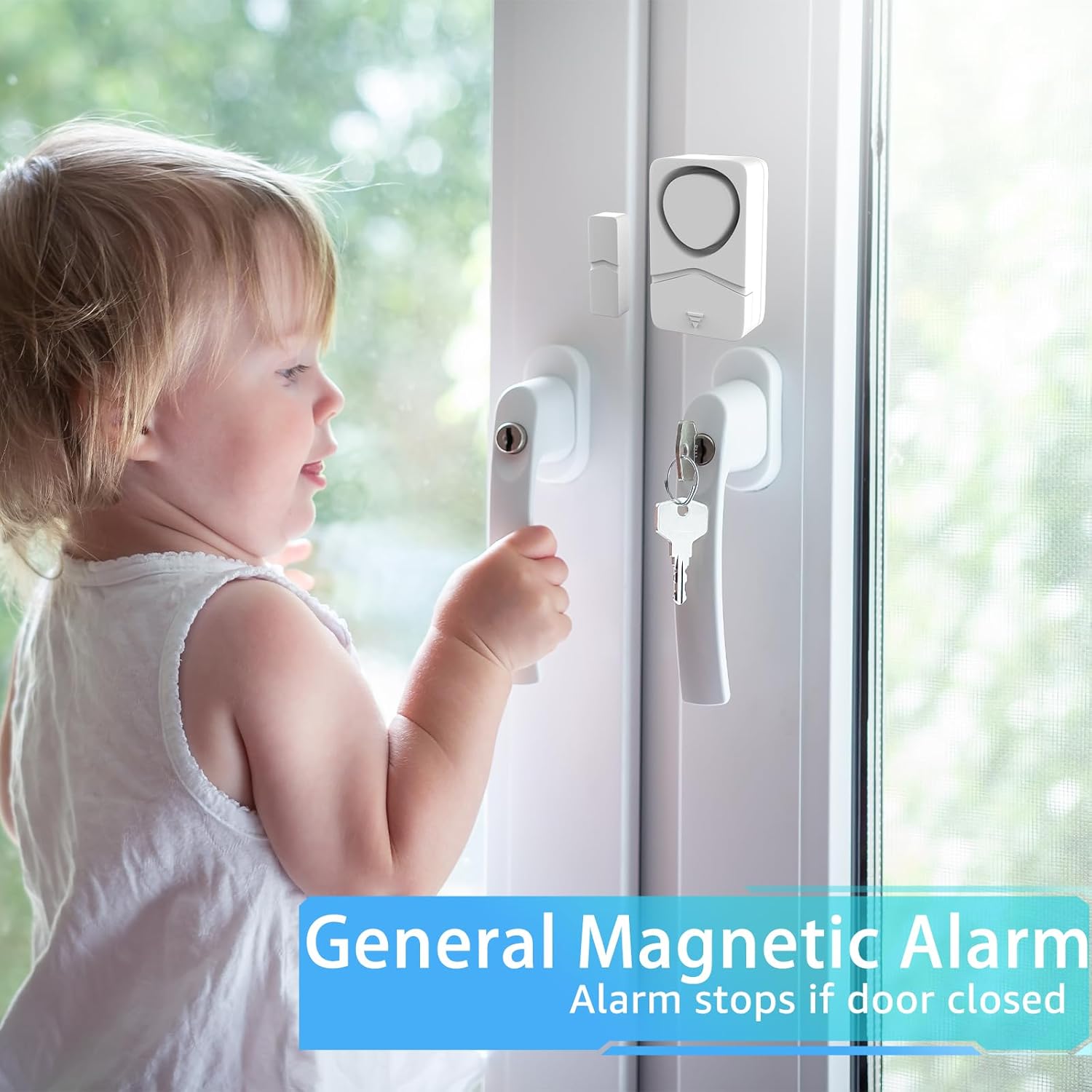 A child looking out a window with the GREENCYCLE alarm installed, demonstrating the General Magnetic Alarm mode which stops when the window is closed.