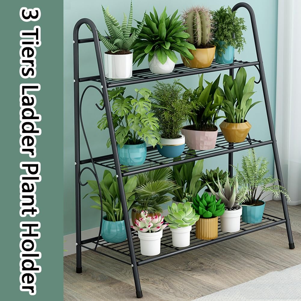 Supporto per piante in metallo per interni ed esterni, grande mensola angolare per vasi da fiori in metallo robusto, per patio, giardino, balcone, soggiorno - Espositore a 5 ripiani nero