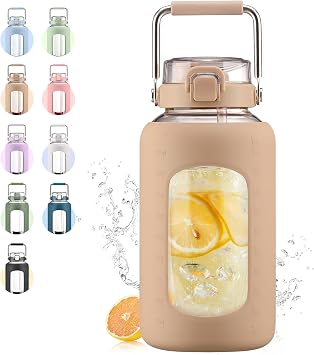 WINSA 84oz Glass Water Bottle, Amber | 2.5L Gallon Water Jug with 2-in-1 Straw Lid, Stainless Steel Handle, Silicone Sleeve, Wide Mouth