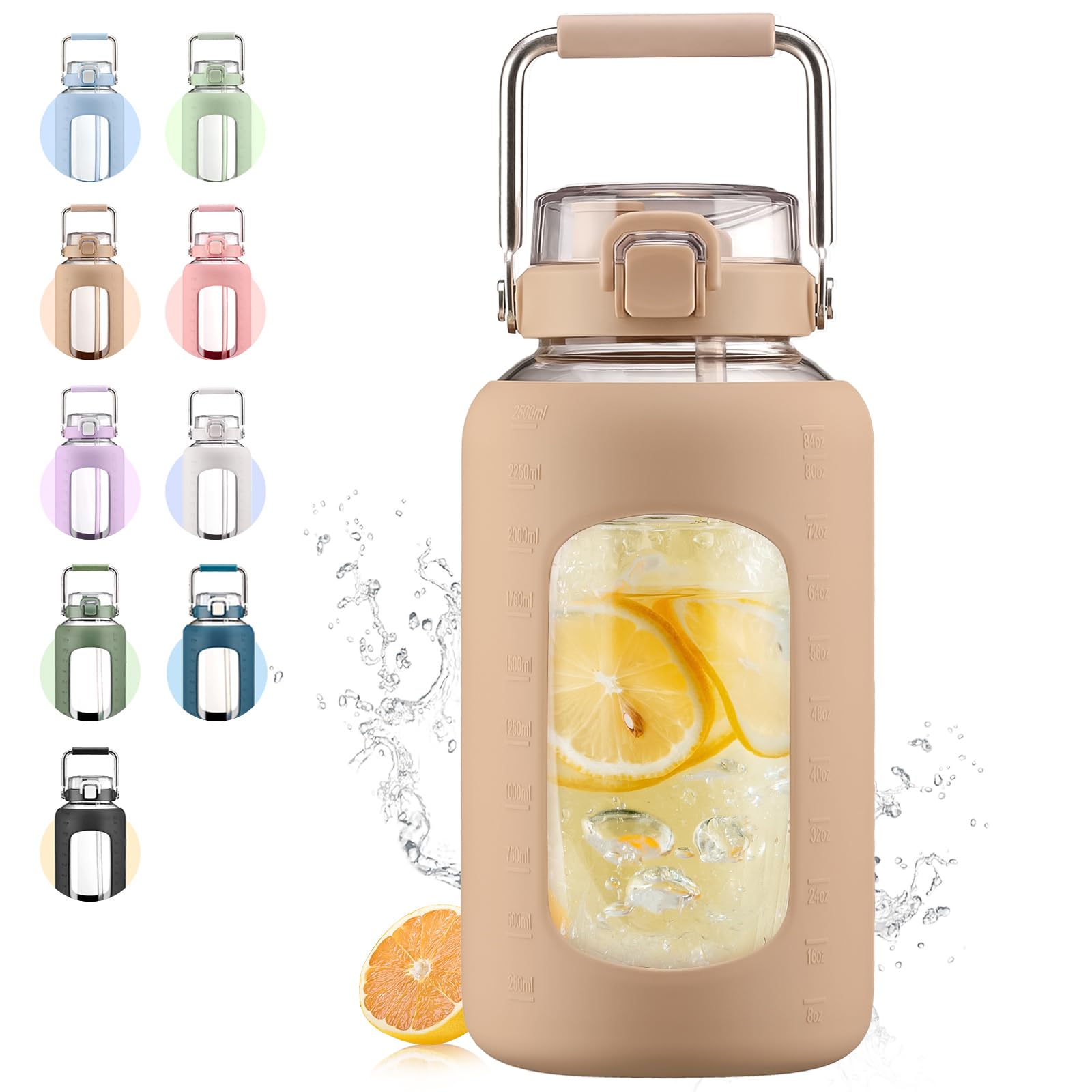 WINSA 84oz Glass Water Bottle with Stainless Steel Handle,2.4L Gallon Water Bottle with 2-IN-1 Straw Lid, Silicone Sleeve and Motivational Capacity